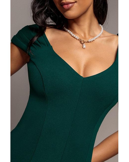 Goddiva Green Capped Sleeve V Neck Pleated Fit & Flare Maxi Dress