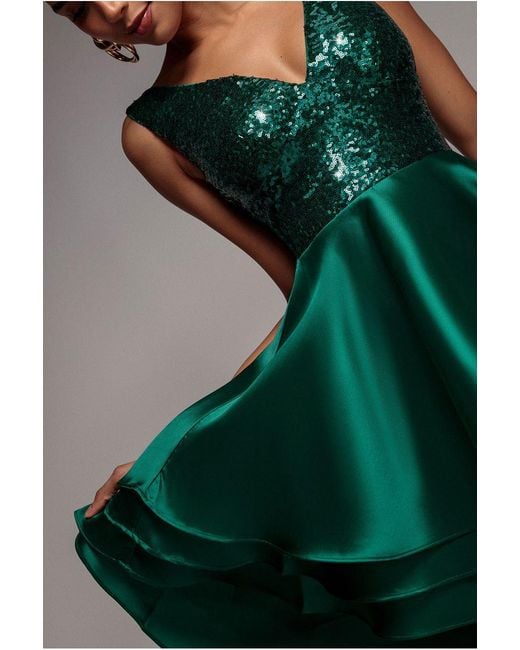 Goddiva Blue Sequin And Satin Tiered Hi-Low Mini Skater Dress