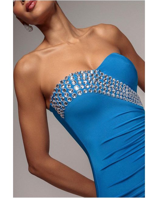 Goddiva Blue Strapless Embellished Rhinestone Mini Dress