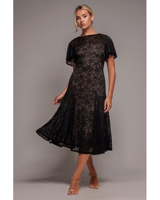 Goddiva Black Flutter Sleeve Lace A-Line Midi Dress