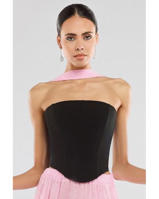 Goddiva Pink Compact Crepe Lace Up Corset With Gathered A-Line Glitter Chiffon Maxi Skirt & Scarf