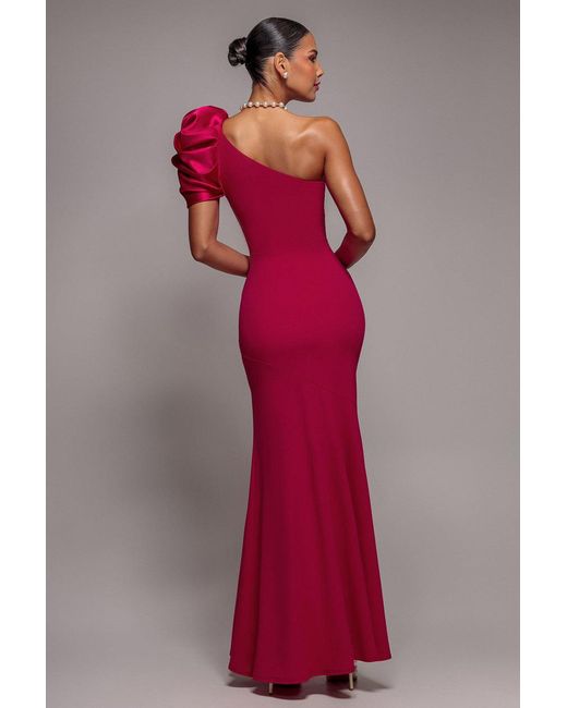 Goddiva Red One Shoulder Puffed Satin Sleeve Evening Maxi Dress
