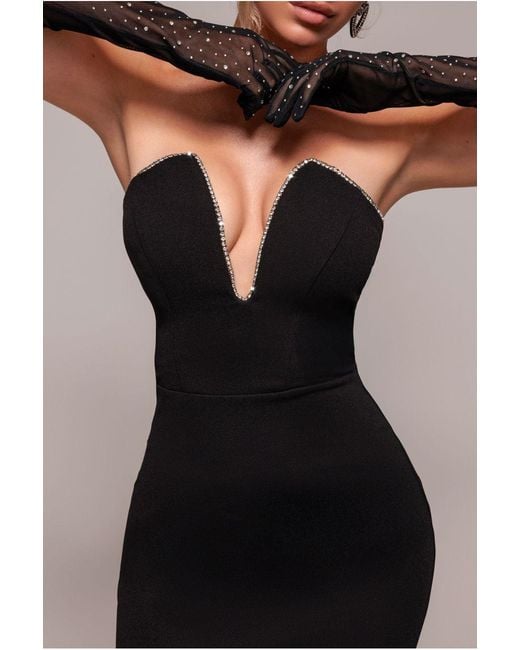 Goddiva Black Strapless Super Plunge Diamante Neck Maxi Dress