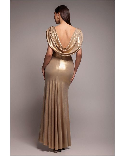 Goddiva Gray Cowl Plunge Draped Foil Maxi Dress