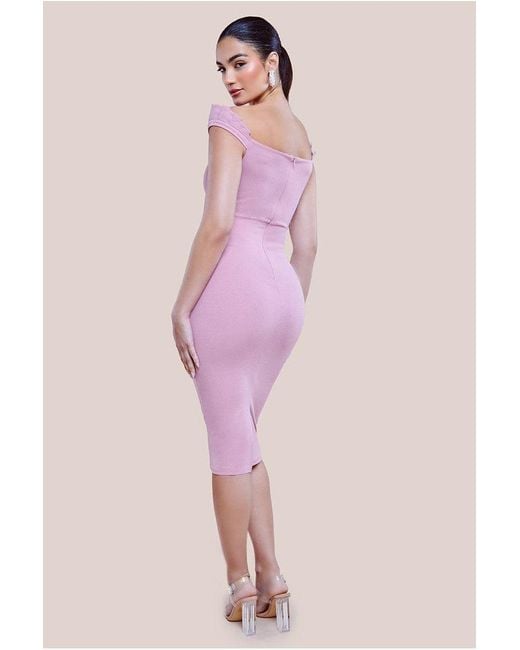 Goddiva Pink Off The Shoulder Frill Bodice Midi Dress
