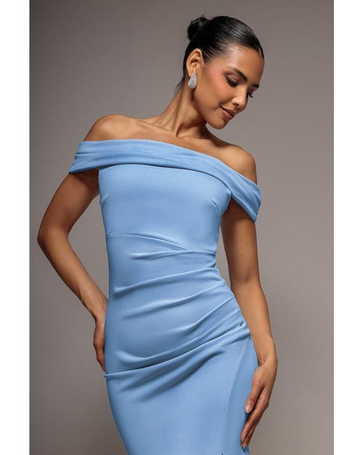 Goddiva Blue Off The Shoulder Maxi Dress With Split