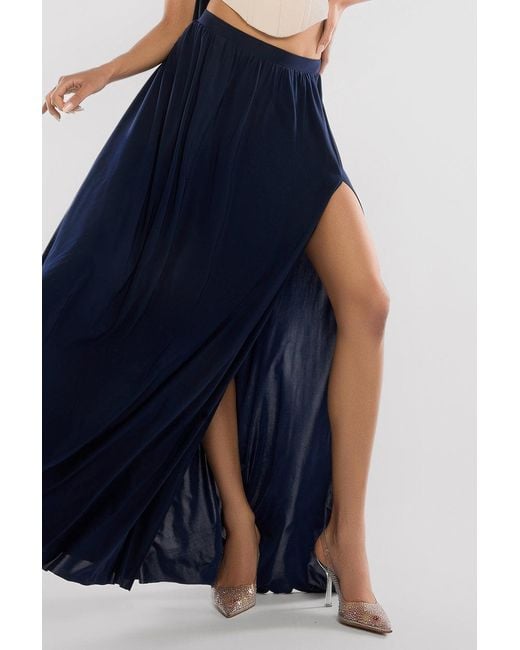 Goddiva Blue Compact Crepe Lace Up Corset With Side Split Jersey Maxi Skirt & Scarf