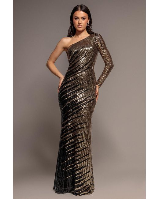 Goddiva Metallic One Sleeve Diagonal Sequin Maxi