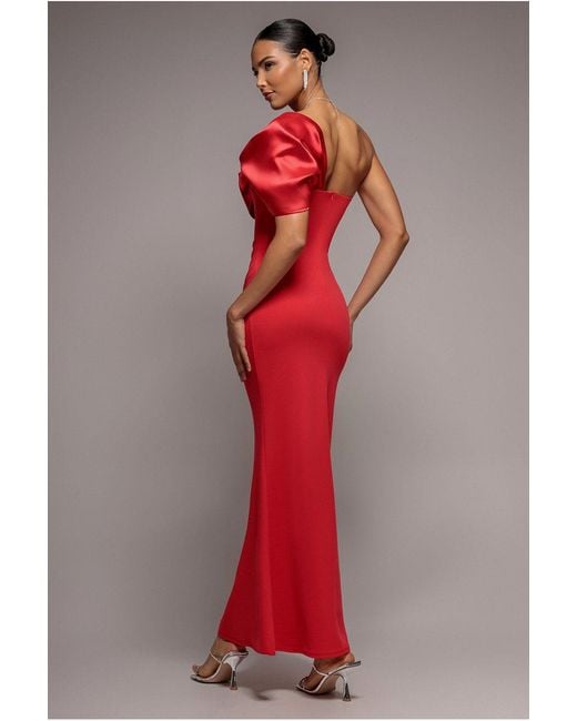Goddiva Red Off The Shoulder Satin Bow Neck Maxi Dress