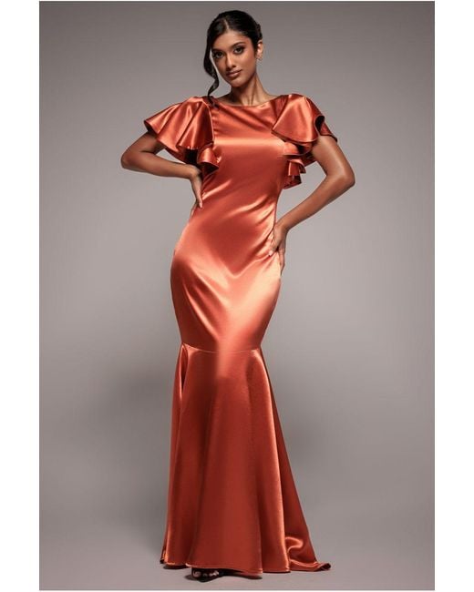 Goddiva Red Satin Flutter Sleeve Mermaid Maxi