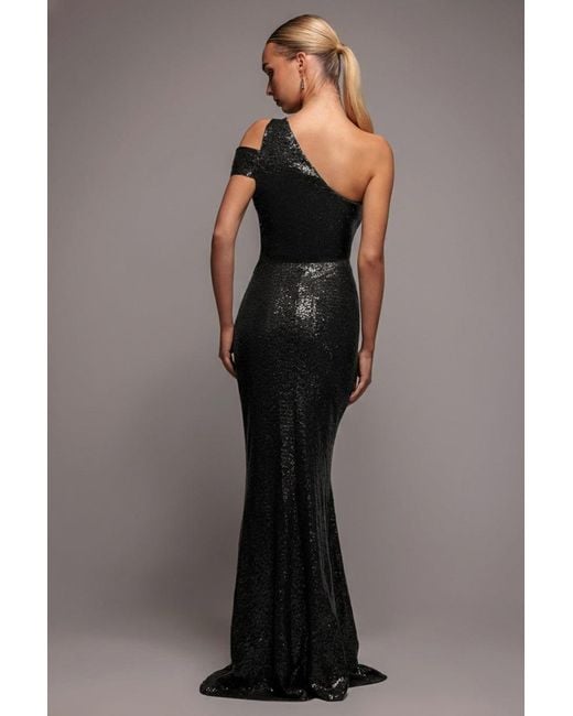 Goddiva Black One Shoulder Sequin Evening Maxi