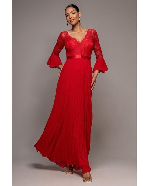 Goddiva Red Scalloped Lace Bodice Pleated Chiffon A Line Maxi Dress