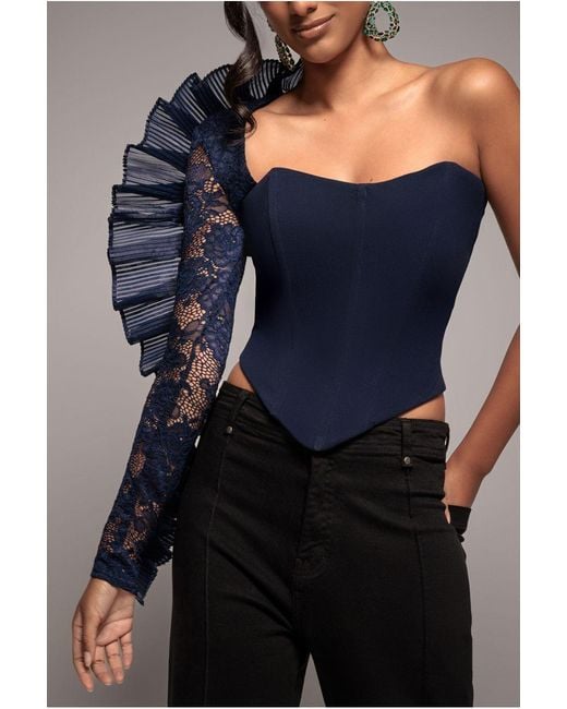 Goddiva Blue One Shoulder Fan Pleat Frill Corset Top