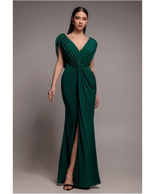 Goddiva Green Cowl Plunge Draped Mermaid Maxi Dress
