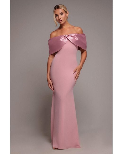 Goddiva Pink Twist Knot Satin & Scuba Bardot Maxi Dress