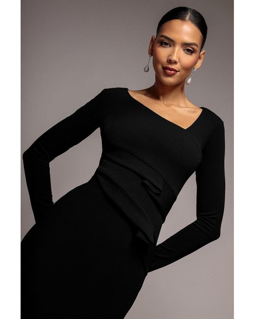 Goddiva Black Scuba Crepe Side Neck Bodycon Midi Dress