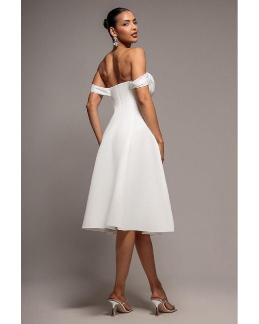 Goddiva Natural Sparkle Chiffon Cowl Bardot Skater Midi Dress