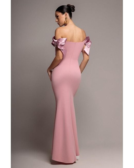 Goddiva Pink Satin Bow Bardot Sheath Maxi Dress