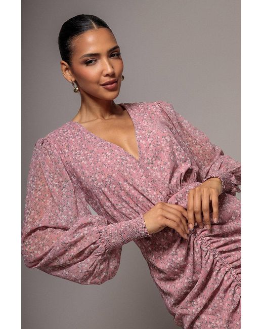 Goddiva Gray Printed Long Sleeve Drawstring Midi Dress