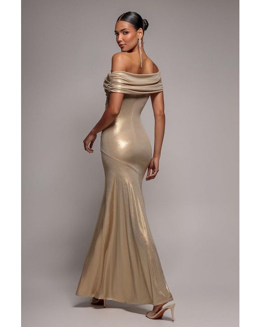 Goddiva Brown Foil Pleated One Shoulder Bardot Fit And Flare Maxi Dress