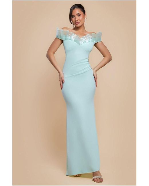 Goddiva Blue Fan Pleated Bardot Scuba Crepe Maxi Dress