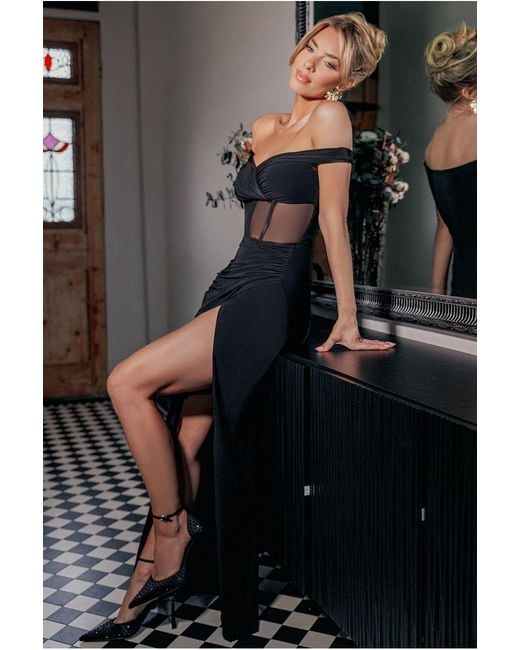 Goddiva Gray Off The Shoulder Corset Waist Mesh Wrap Skirt Soft Touch Maxi Dress