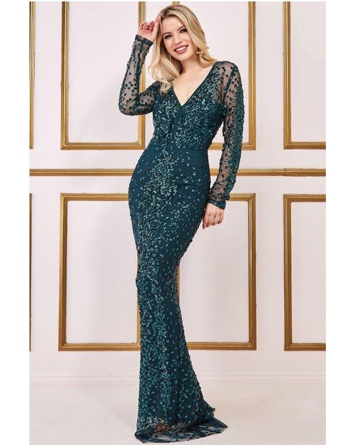 Goddiva Green Spread On Sequin Maxi Dress