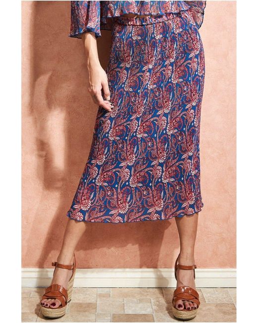 City Goddess Blue Printed Shirred Midi Skirt