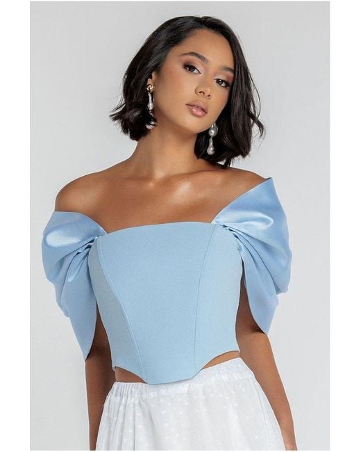 Goddiva White Off Shoulder Back Satin Bow Scuba Corset