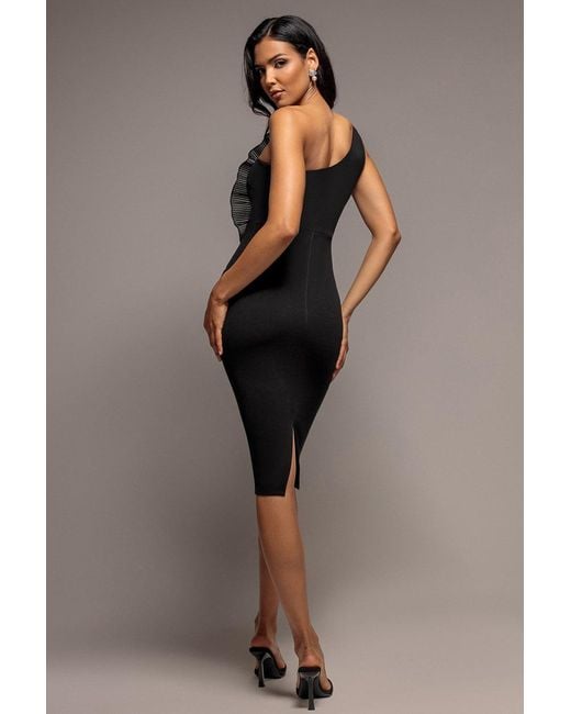 Goddiva Black One Shoulder Pleated Fan Midi