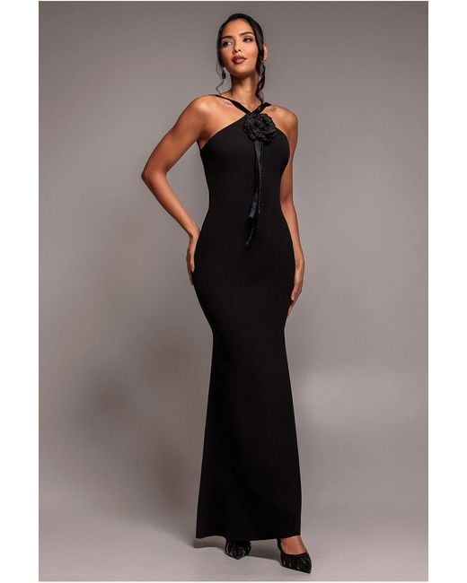 Goddiva Black Racer Neck Corsage Scuba Maxi