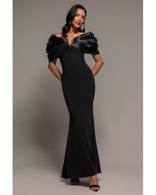 Goddiva Black Satin Plunge Neck Bardot Scuba Maxi Dress