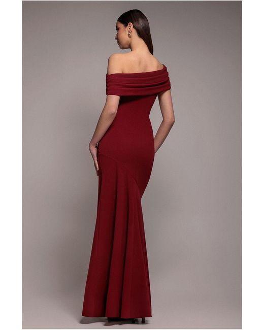 Goddiva Red Pleated One Shoulder Bardot Fit And Flare Maxi Dress