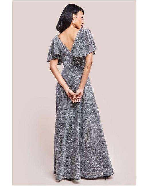 Goddiva Gray Sequin Lurex Flutter Sleeve Maxi Dress