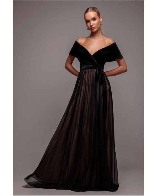 Goddiva Black Velvet Bardot Dobby Mesh A Line Maxi Dress