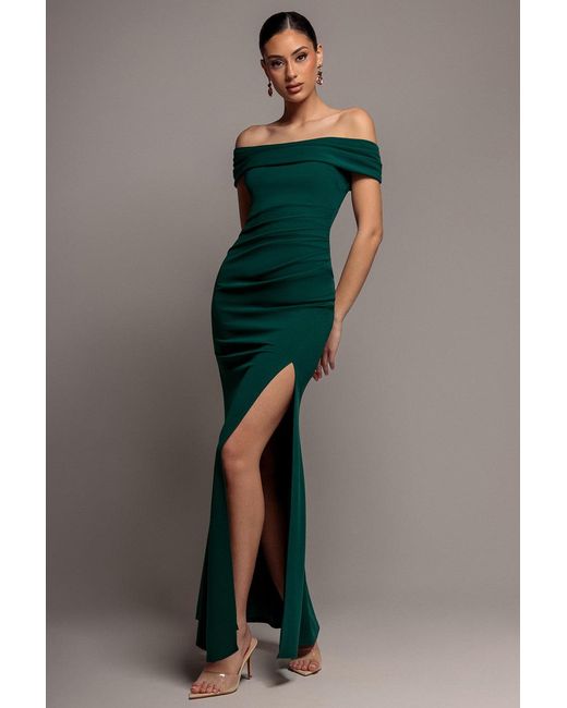 Goddiva Green Off The Shoulder Maxi Dress With Split