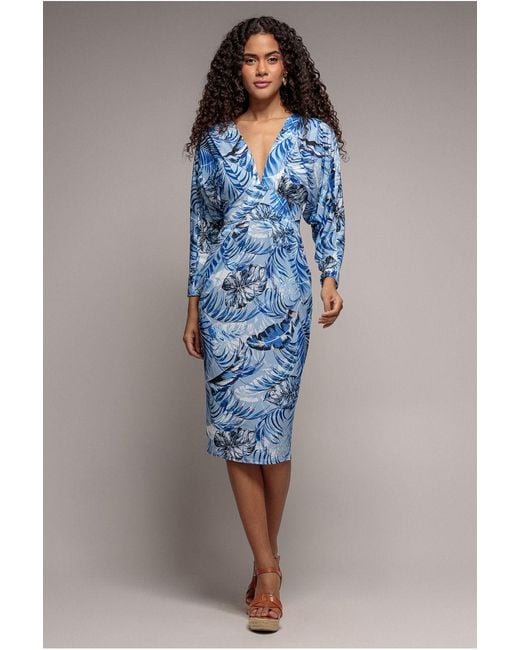 Goddiva Blue Tropical Print Midi With Batwing Sleeves