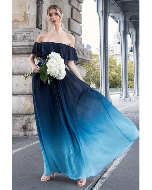 Goddiva Blue Ombre Chiffon Bardot Frill A-Line Maxi Dress