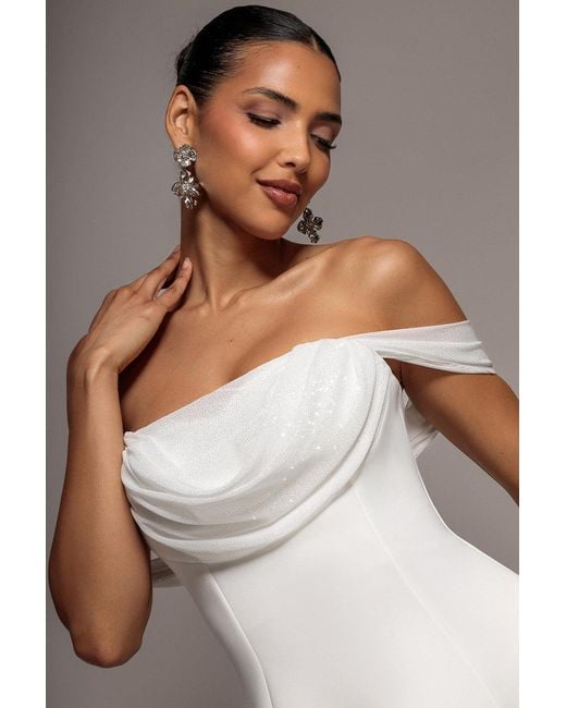 Goddiva Natural Sparkle Chiffon Cowl Bardot Skater Midi Dress