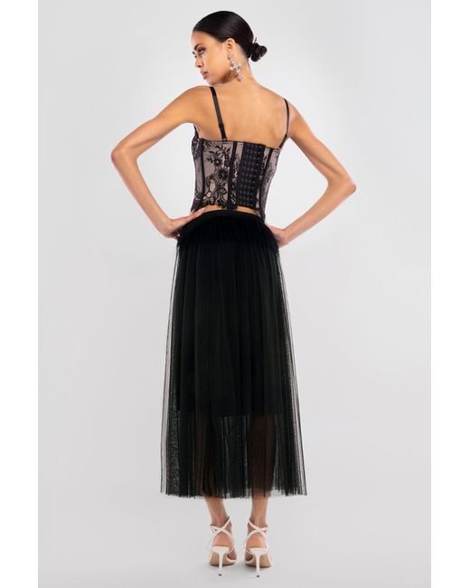 Goddiva Black Cropped Lace Corset Tulle Gathered Midaxi Skirt With Embroidered Stretch Mesh Gloves & Jersey Scarf