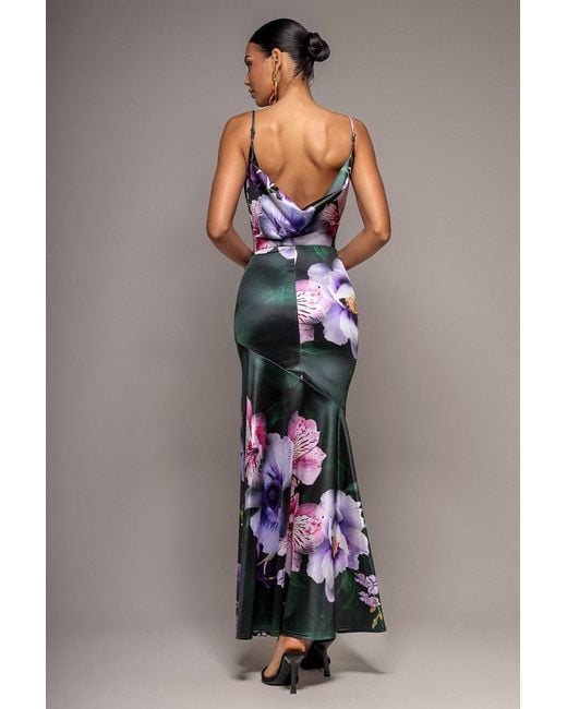 Goddiva Multicolor Floral Print Satin Cowl Neck Maxi Dress