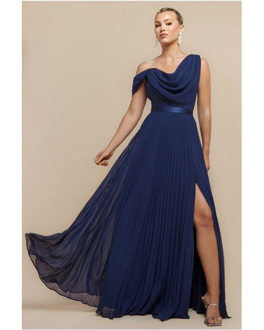 Goddiva Women's Blue Cowl Neck One Shoulder A Line Chiffon Maxi Dress