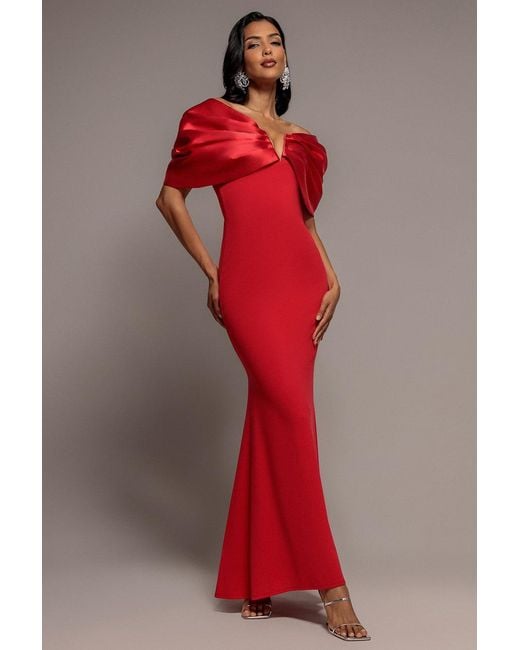 Goddiva Red Satin Plunge Neck Bardot Scuba Maxi Dress