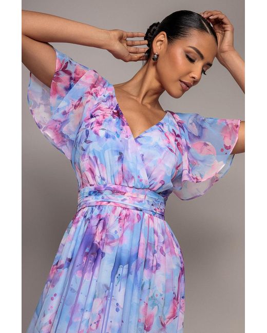 Goddiva Blue Printed Silky Chiffon Flutter Sleeve Maxi Dress
