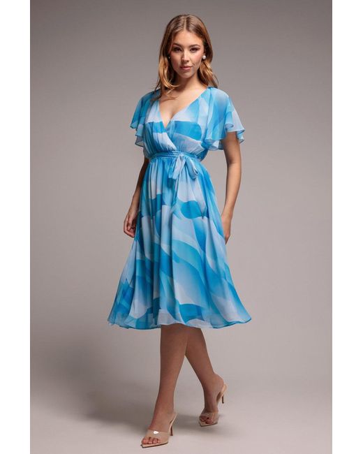 Goddiva Blue Printed Flutter Sleeve Chiffon Midi Dress