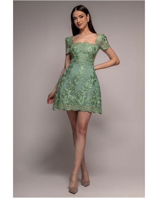 Goddiva Green Scallop Edge Corset Back Structured Lace Mini Dress