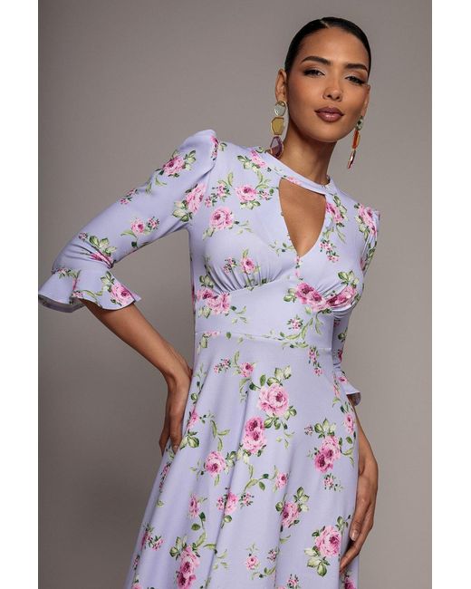 Goddiva Green Floral Printed Flared Sleeve Midi