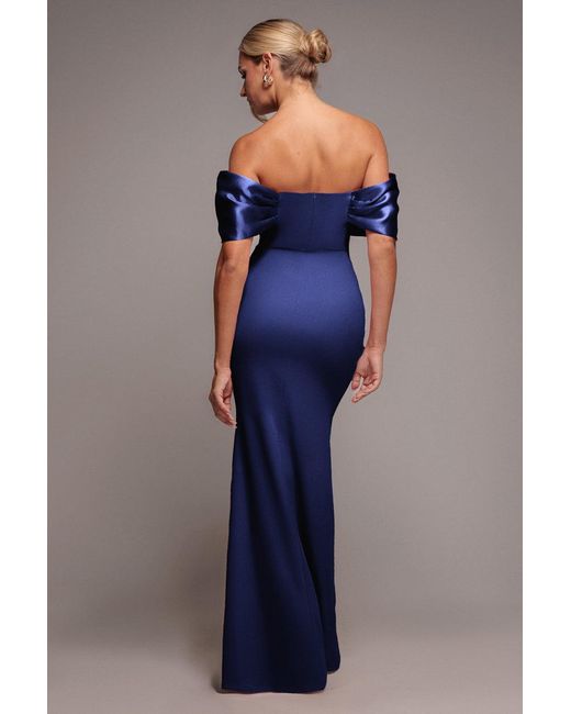 Goddiva Blue Twist Knot Satin & Scuba Bardot Maxi Dress