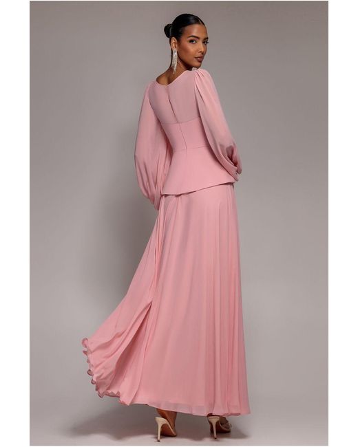 Goddiva Pink Bishop Sleeve Peplum Top Scuba Crepe And Chiffon Maxi Dress
