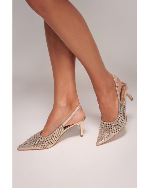 Goddiva Natural Pearl Embellished Slingback Heeled Court Shoes